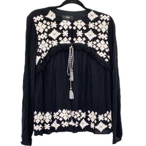 MOSSIMO Bohemian Long Sleeve Black Peasant Blouse Top w White Embroidery